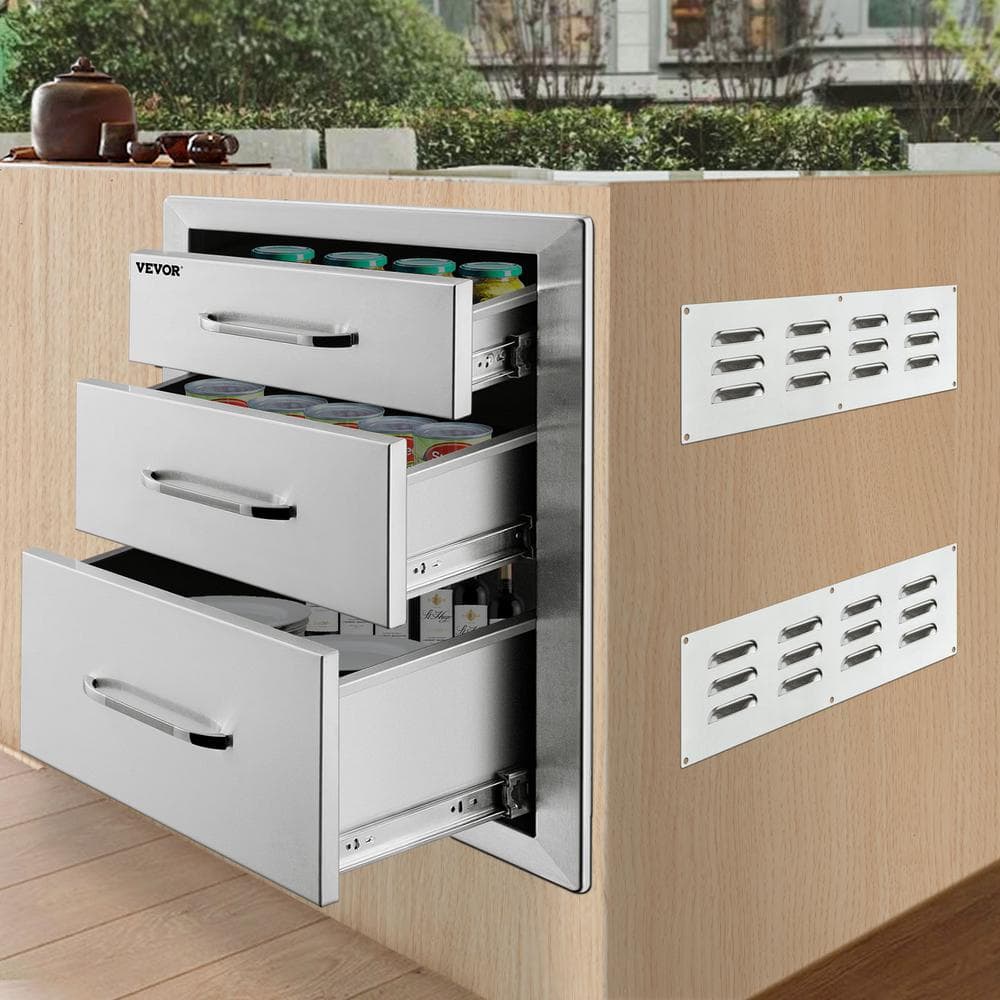 VEVOR 14 in. W x 20.3 in. H x 23 in. D Outdoor Kitchen Drawers Flush Mount Triple Drawers Stainless Steel Access Drawer 20.25X14YC3CBXGCTV0