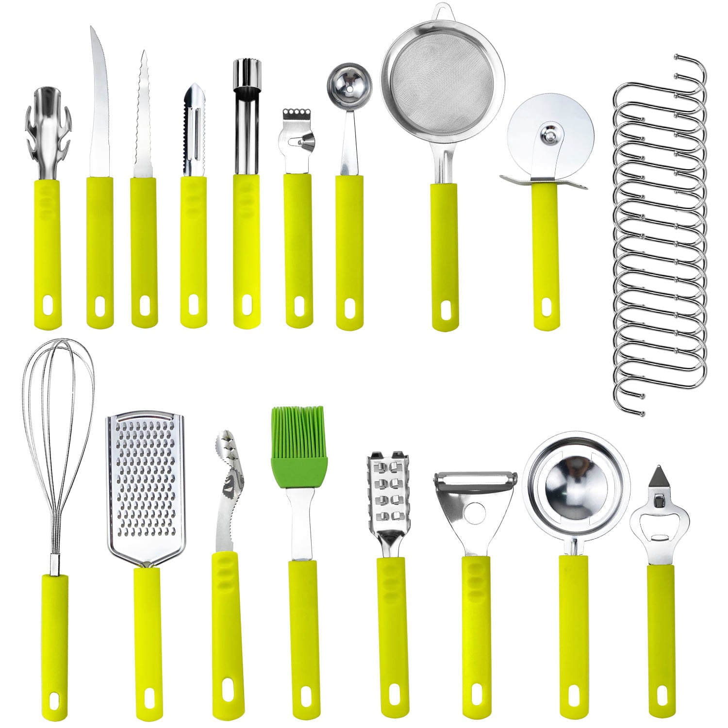 NewHome 34 Pcs Kitchen Cooking Utensils Set Stainless Steel Kitchen Gadget Tools Core Removal Potato Peeler Whisk Pizza Cutter Steak Knife Bottle Opener