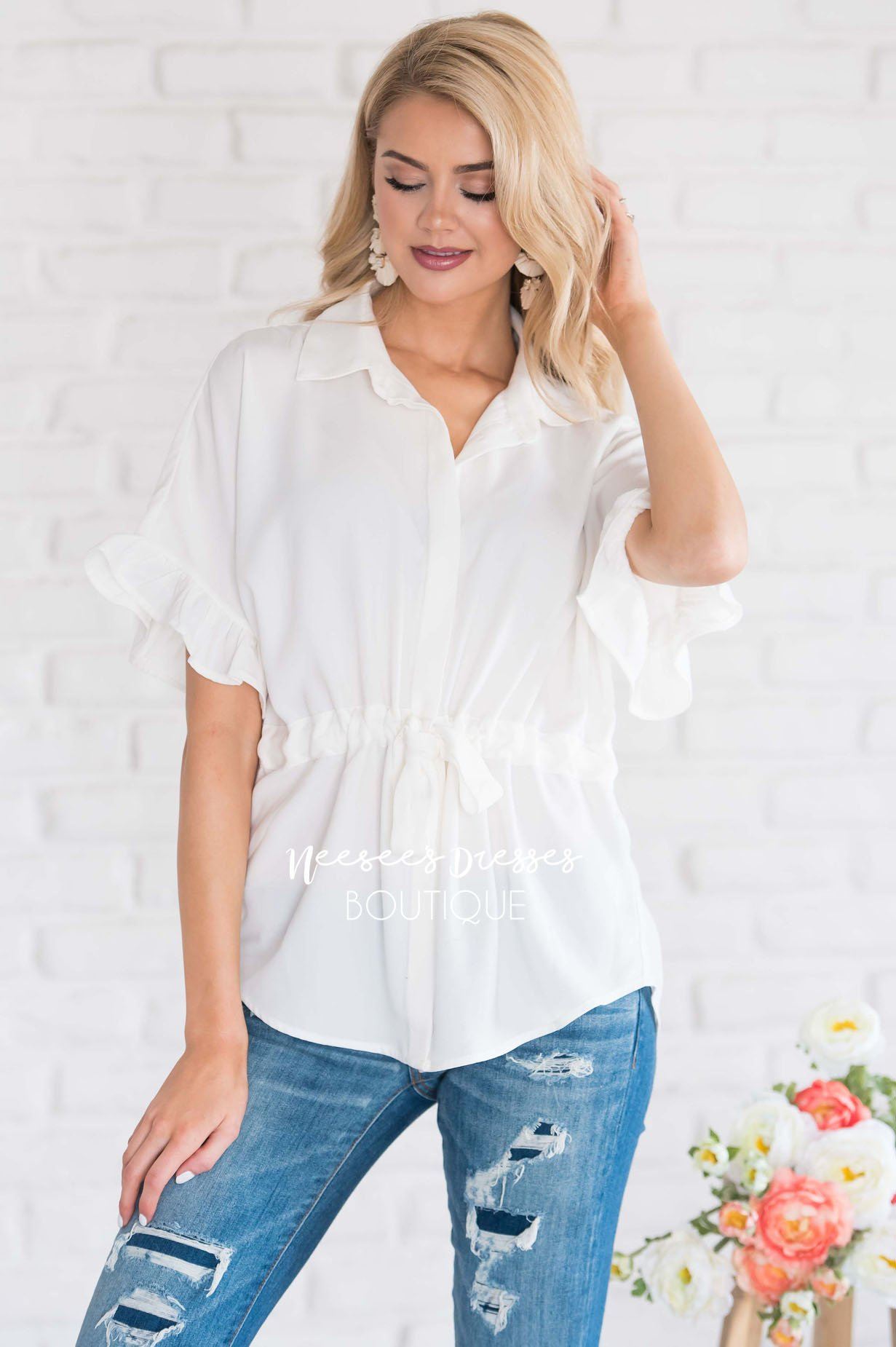 Button Up Cinched Waist Blouse