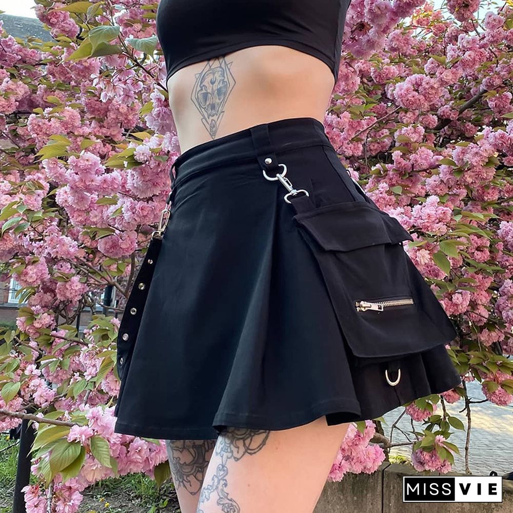 Harajuku Punk Gothic Black High Waist Black Skirts Women Sexy Patchwork Bandage Mini Skirt Female Streetwear Summer Chie