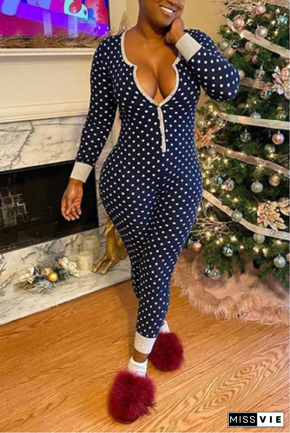 Long Sleeve Low Cut Print Sleepwear Jumpsuit