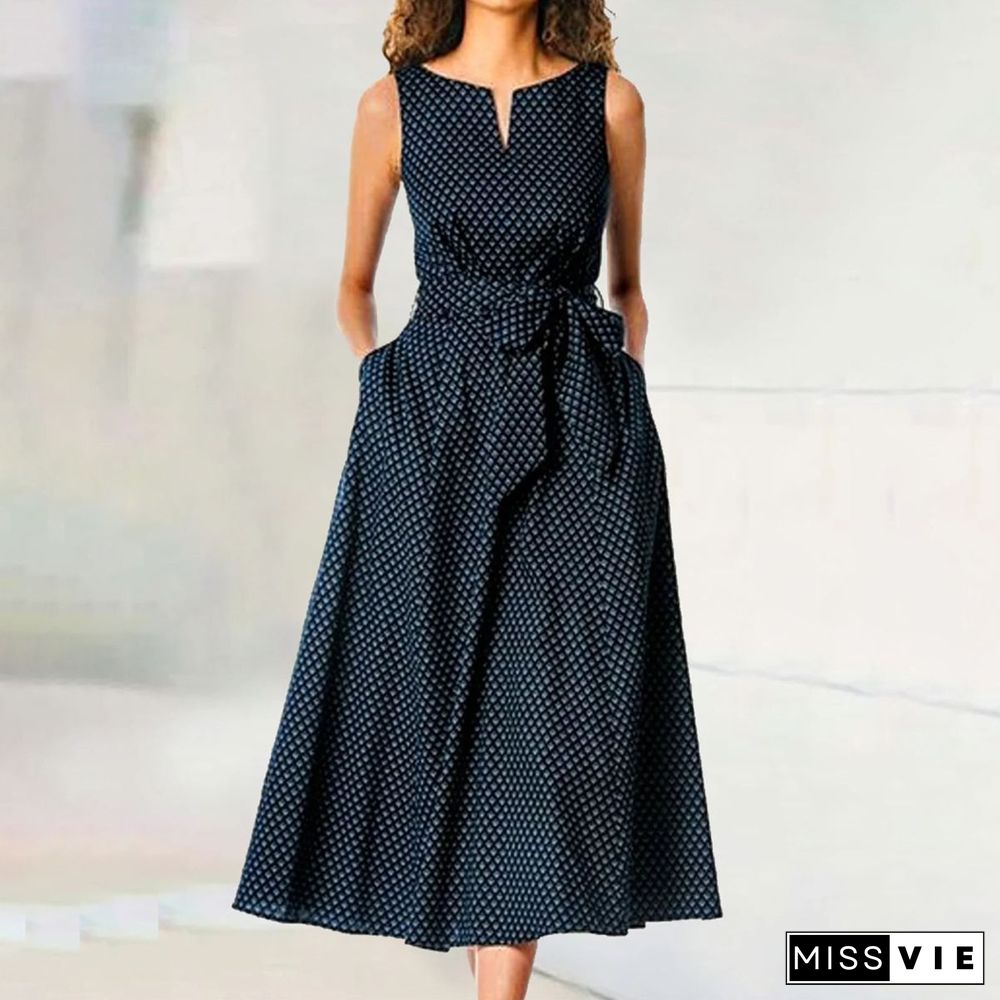 Navy Polka Dot Sleeveless Midi Dress