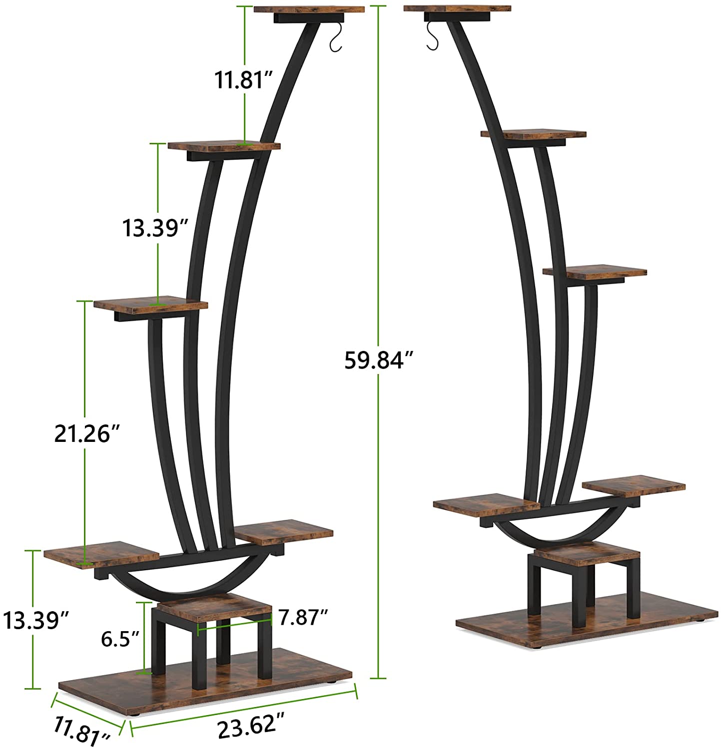 Tribesigns 6-Tier Tall Indoor Plant Stand Pack of 2, Metal Curved Display Shelf with 2 Hanging Hooks, Multi-Purpose Bonsai Flower Pots Plant Rack for Indoor, Garden, Balcony, Living Room, Brown