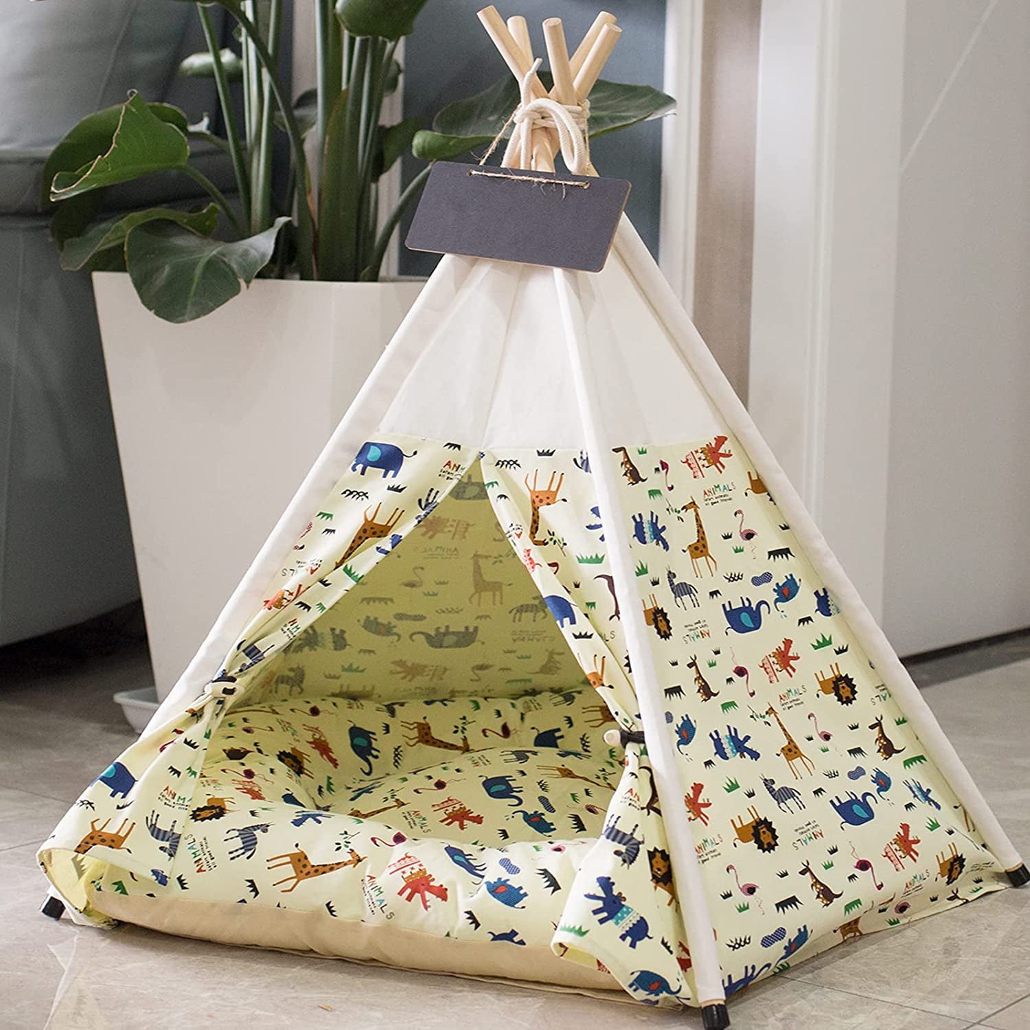 Pet Teepee Tent for Dogs and Cats with Thick Cushion ， 24 Inch Portable Indoor Dog House Dogs/Puppy Pet Houses with Bed，Cat Teepee Tent Washable，Tents Pet Houses Bed Easy to Assemble (Animal)