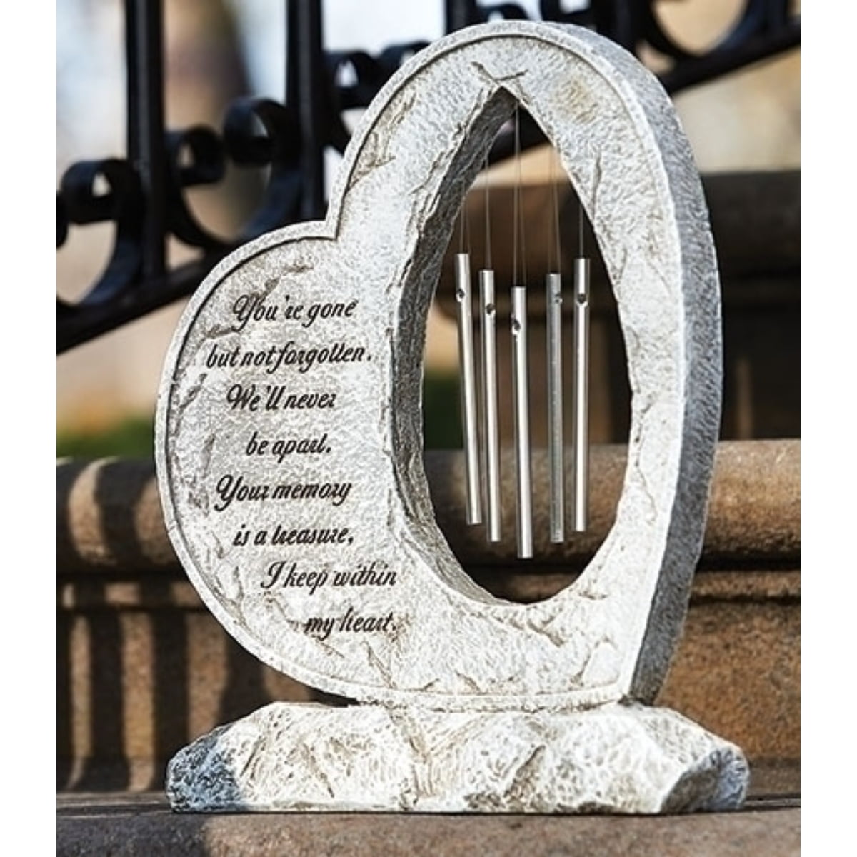 11.75" Gray Heart Shaped Memorial Garden Stone with Wind Chime