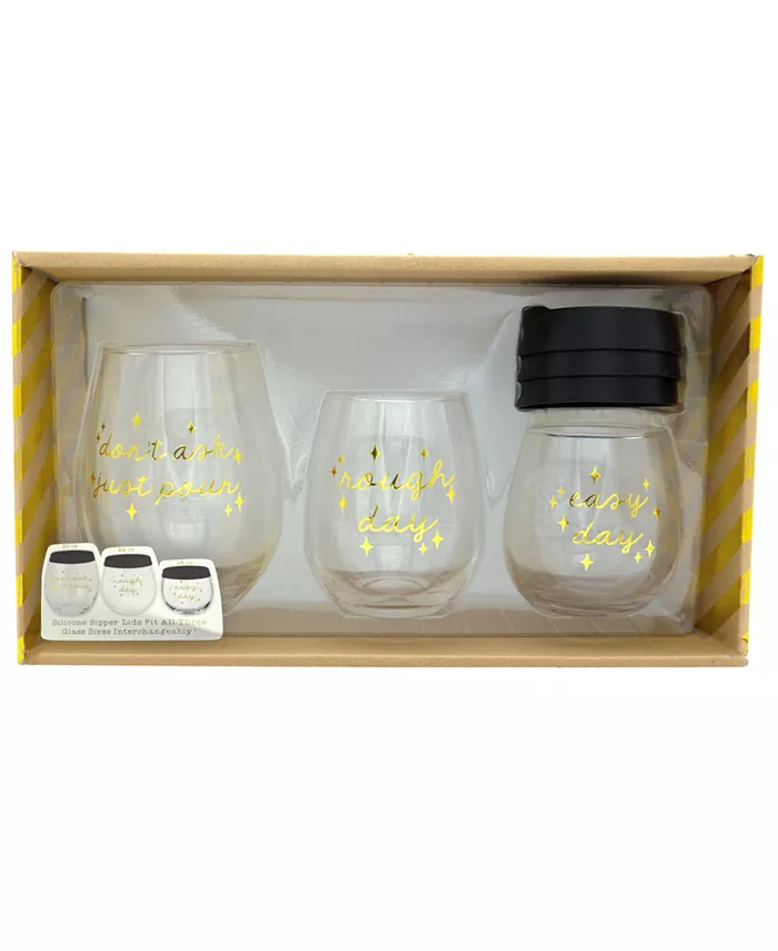 TMD Holdings Don't Ask Just Pour Rough Day Easy Day Stemless Wine Variety pack with Silicone Sipper Lids Set of 6