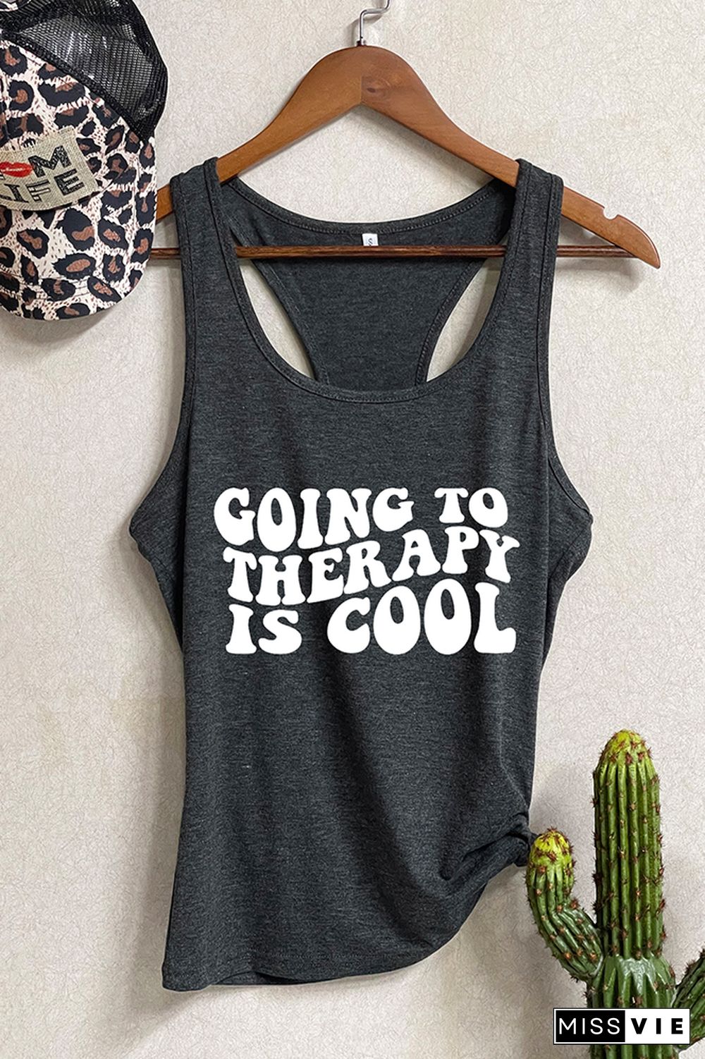 Going to Therapy is Cool Letter Print Graphic Tank Top