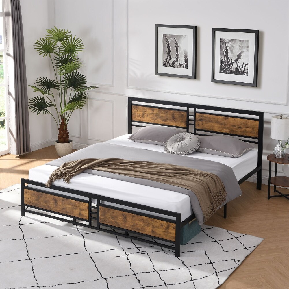 Metal Platform Bed Frame with Wood Headboard and Footboard