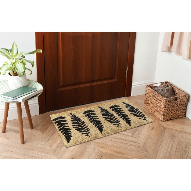 Green Fern Leaf Print Rectangle Indoor And Outdoor Estate Coir Door Welcome Mat Green On Beige Background