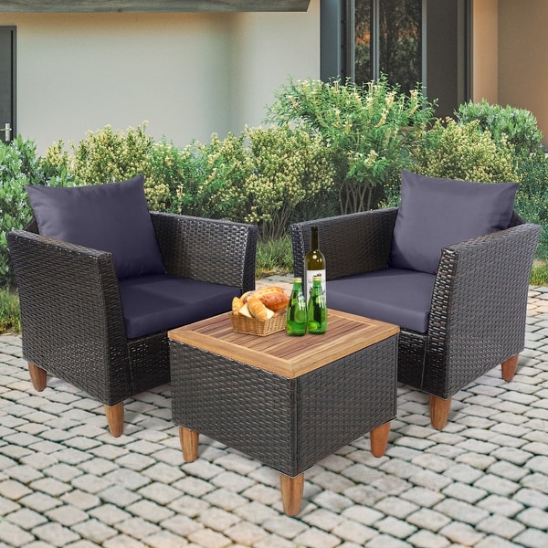 3 Pcs Outdoor Patio Rattan Furniture Set Wooden Table Top Cushioned Sofa