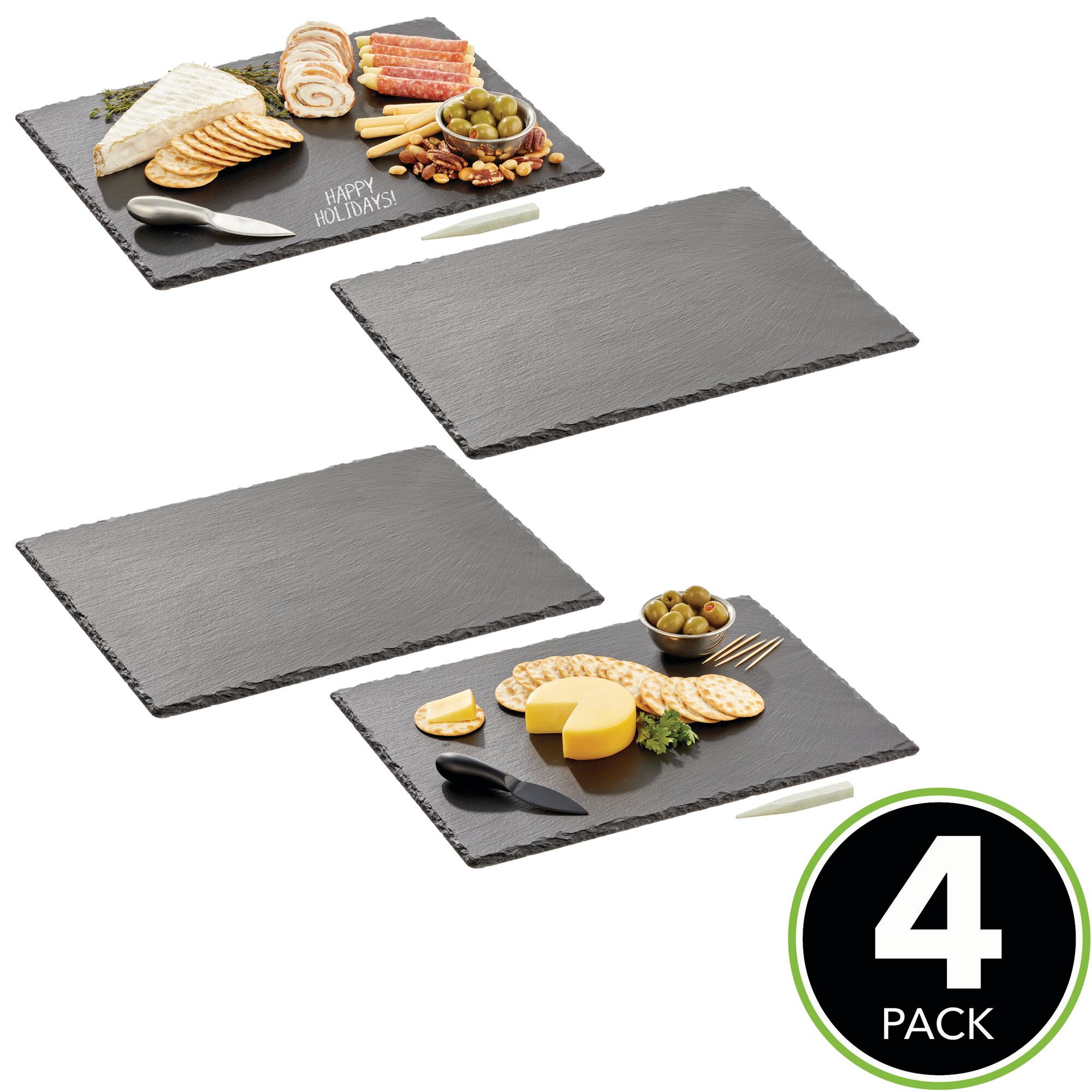 mDesign Slate Stone Gourmet Chalkboard Serving Platter， Cheese Board， Charcuterie Tray with Natural Edge and Chalk Pencils for Cheese， Meats， Appetizers， Dried Fruits， and Food - 4 Pack - Black