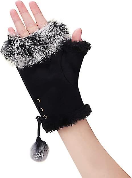 Womens Winter Faux Fur Leather Half Finger Gloves Fashion Warm Fingerless Mittens Fleece Lined Warmer Wrist Gloves Touchscreen Thicken Mittens With Ad