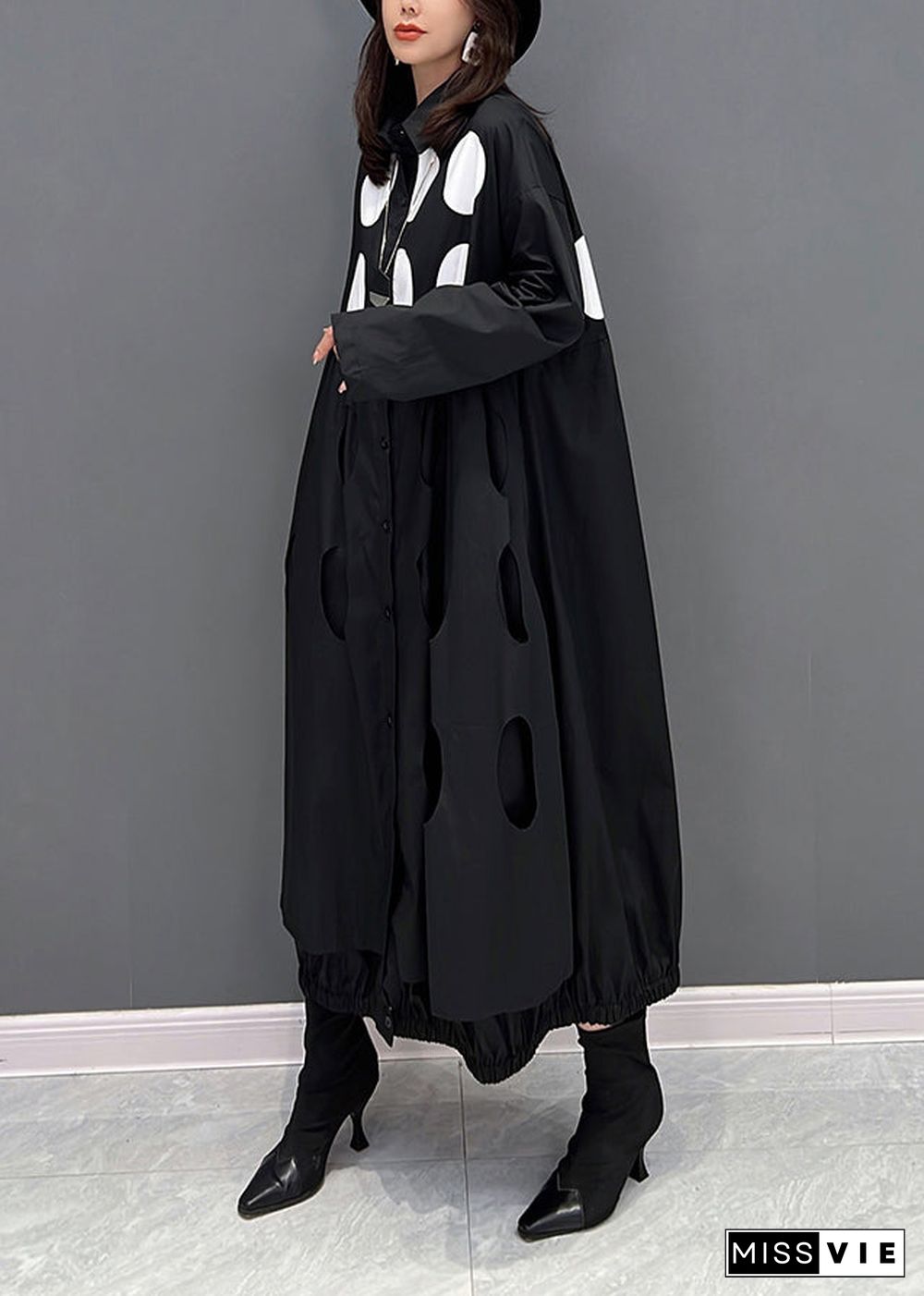 Fine Black Peter Pan Collar Dot Wrinkled Button Maxi Dresses Fall