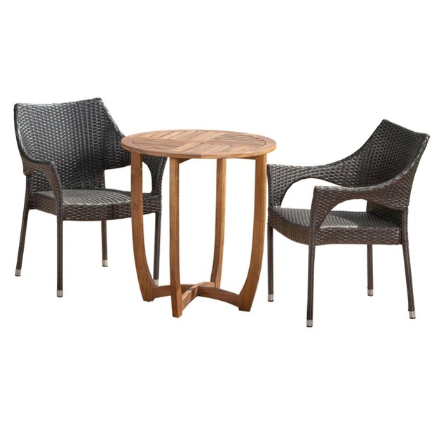 Clement 3pc Acacia And Wicker Bistro Set Teak brown Christopher Knight Home