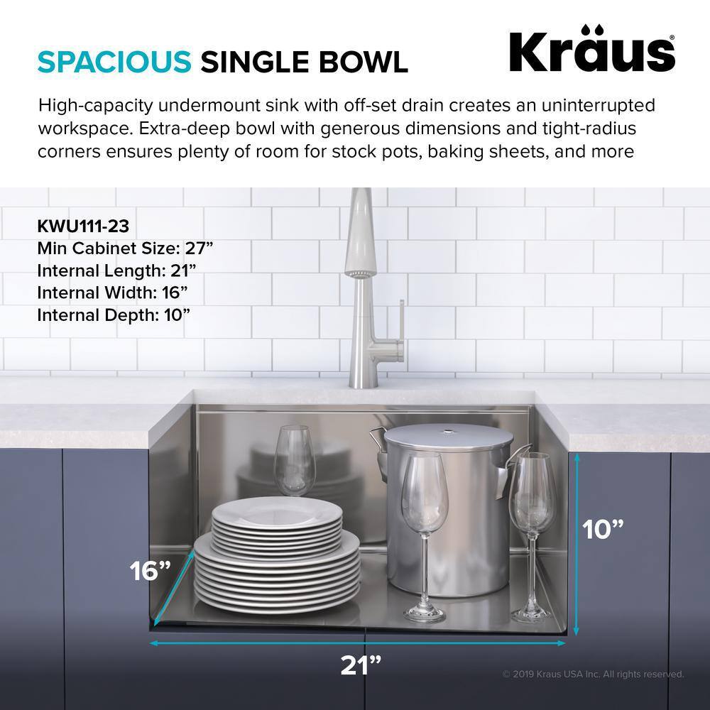 KRAUS Kore Workstation Undermount Stainless Steel 23 in. Single Bowl Kitchen Sink wIntegrated Ledge and Accessories KWU111-23