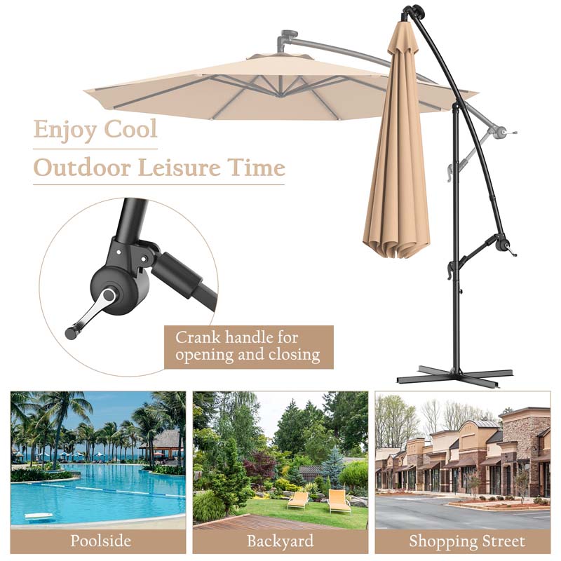 10 FT Offset Patio Umbrella with Solar LED Lights & Cross Base, Large Outdoor Cantilever Umbrella for Sun Rain