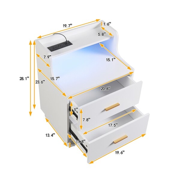 Multifunctional Nightstand with 2 Drawers， Shelf with USB Charging Design， Color-Changing LED - - 37572840