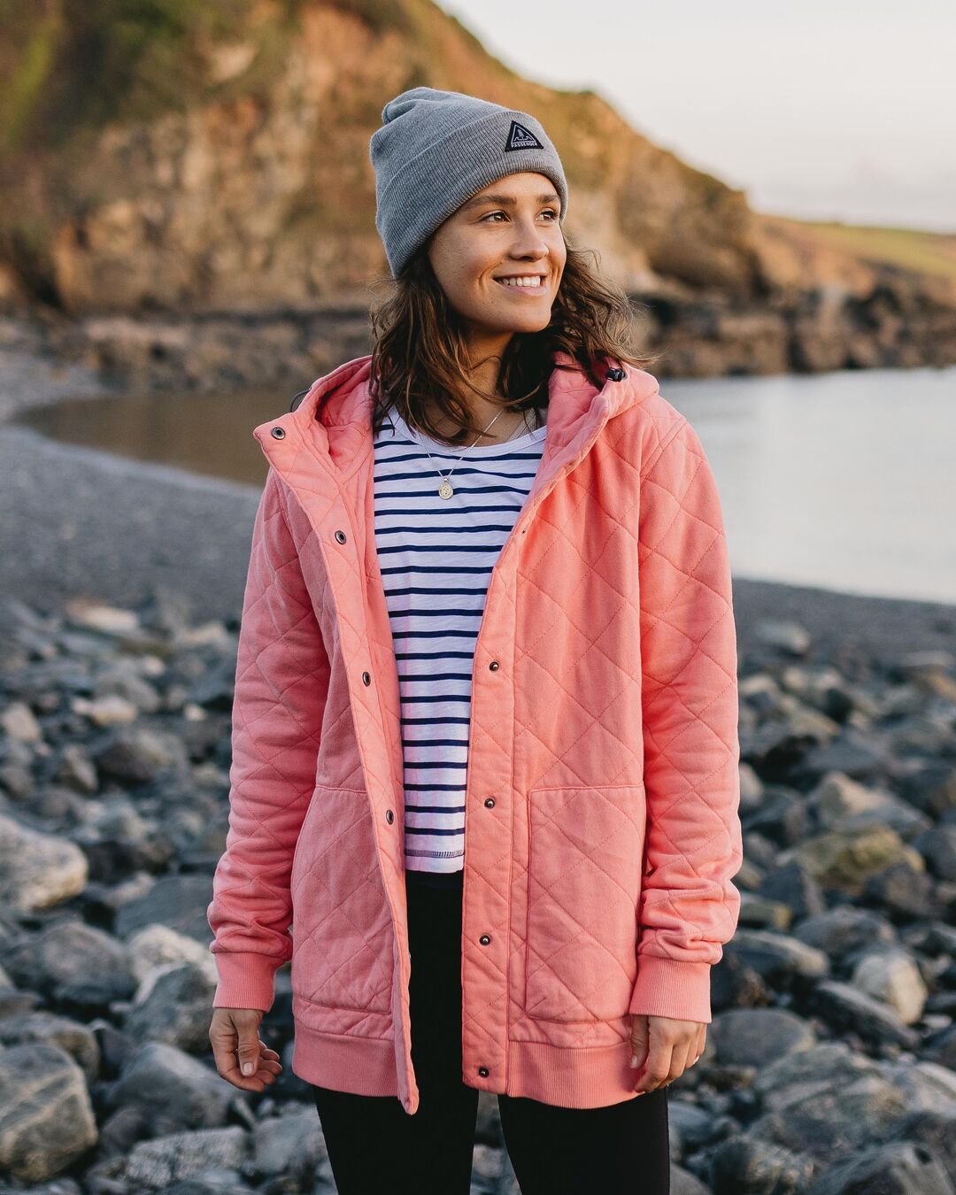 Clementine Recycled Quilted Popper Up Hoodie - Shell Pink