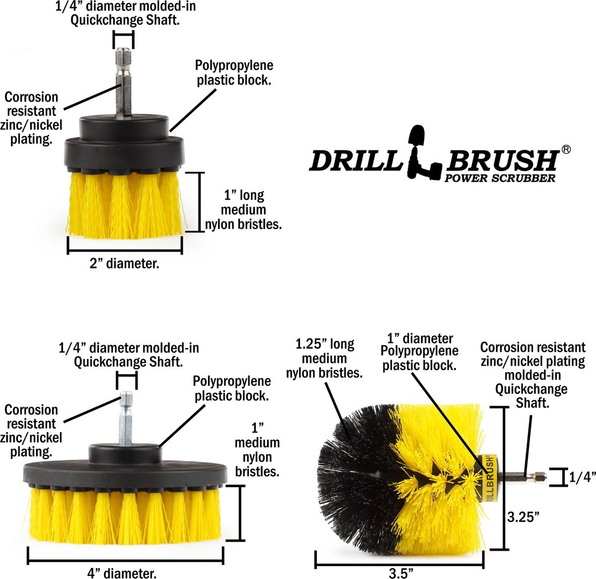 Drillbrush Power Scrubber 3-Piece Pet Stain Remover Kit， Medium Bristle Drill Brush