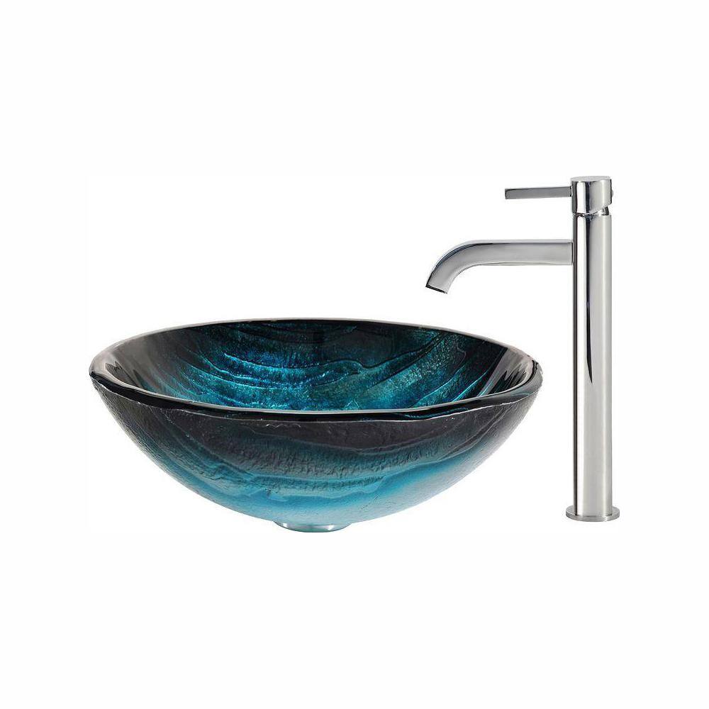 KRAUS Ladon Glass Vessel Sink in Blue with Ramus Faucet in Chrome C-GV-399-19mm-1007CH