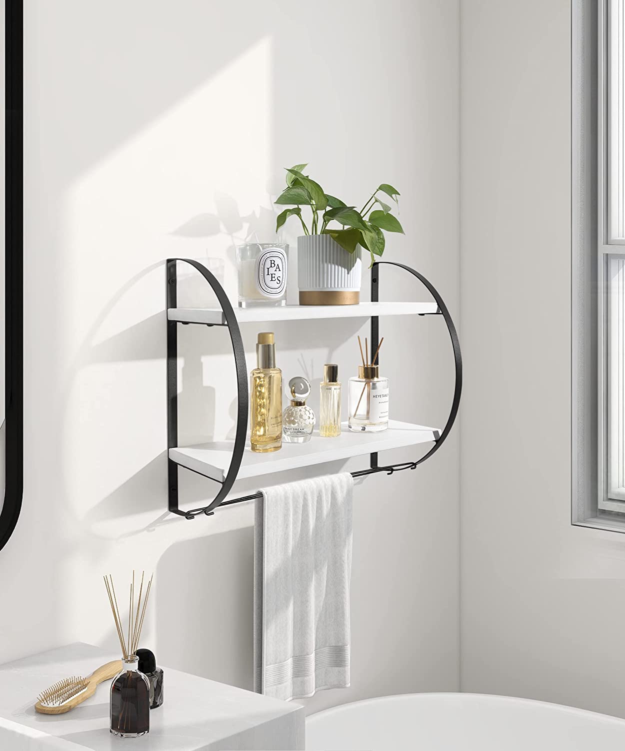 Afuly Floating Shelves with Towel Bar, 2 Tier Storage Shelf  Wall Mounted, Black and White Shelves