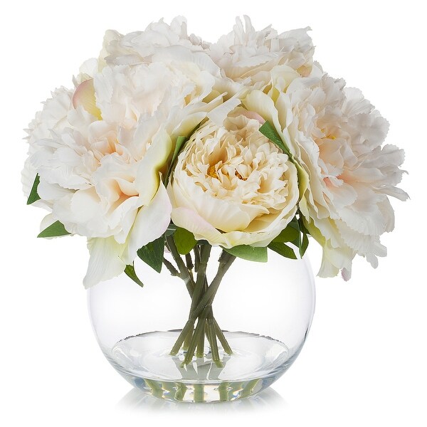 Enova Home Artificial Silk Peony Fake Flowers Arrangement in Round Glass Vase with Faux Water