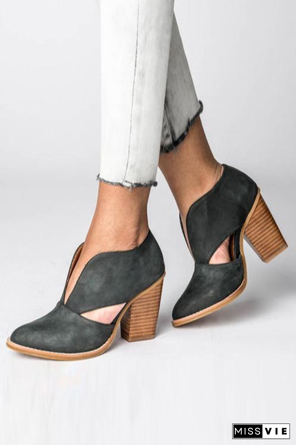 V Cutout  Chunky Heel Ankle Boots