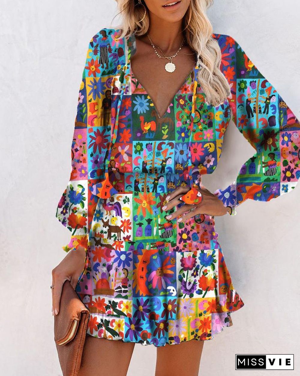 All Over Print Skinny Waist Long Sleeve Mini Dress P10042