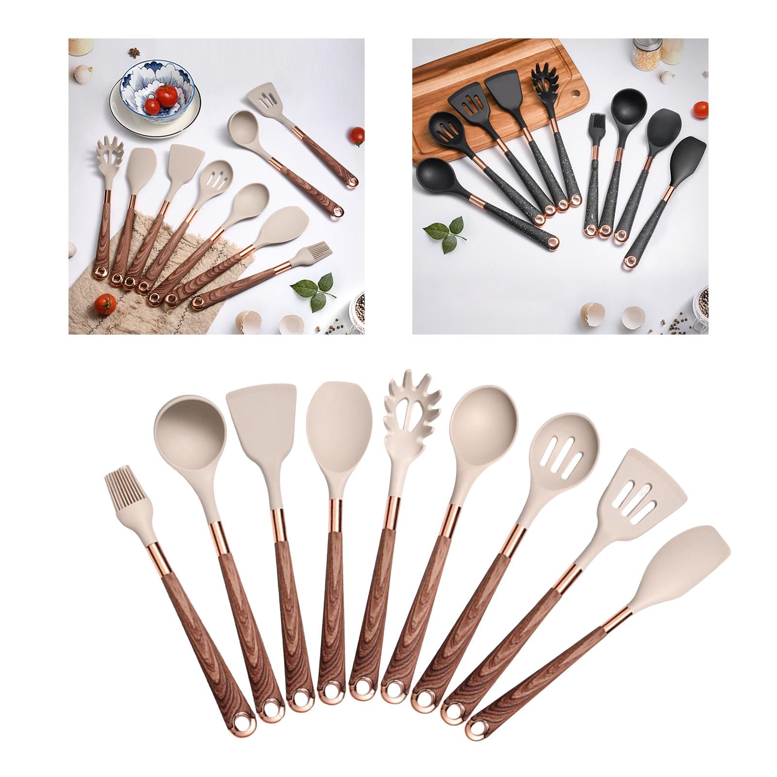 Kitchen Utensils Set,9pcs Silic Cooking Kitchen Utensils Set Heat Resistance Silic Spatula Spoon Kitchen Gadgets Utensils Set , Brown Handle