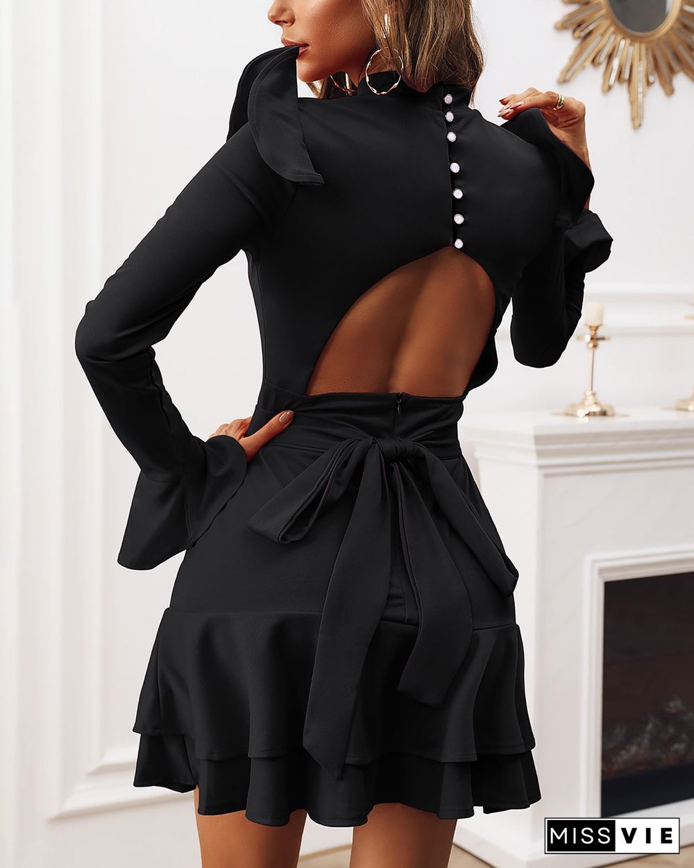 Solid Backless Ruffle Long Sleeve Dress P14905