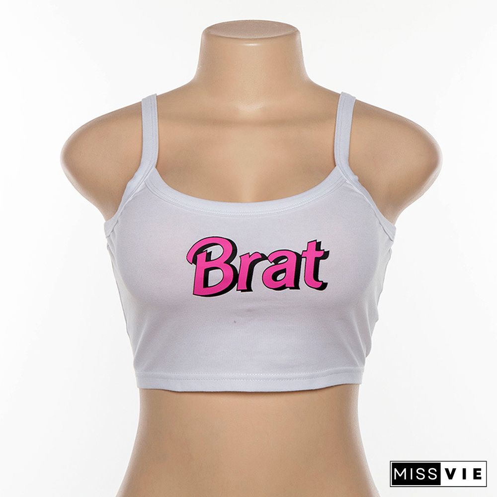 Brat Letter Ptint U Neck Sleeveless Camisole Top Female Streetwear Club Backless Slim Crop Top Summer Women White