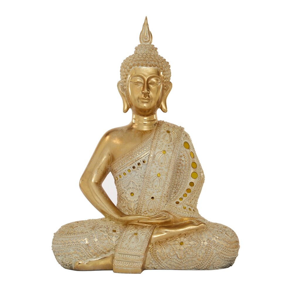 Gold Polystone Meditating Carved Buddha Sculpture with Intricate Carvings and Mirrored Embellishments   14 x 9 x 20