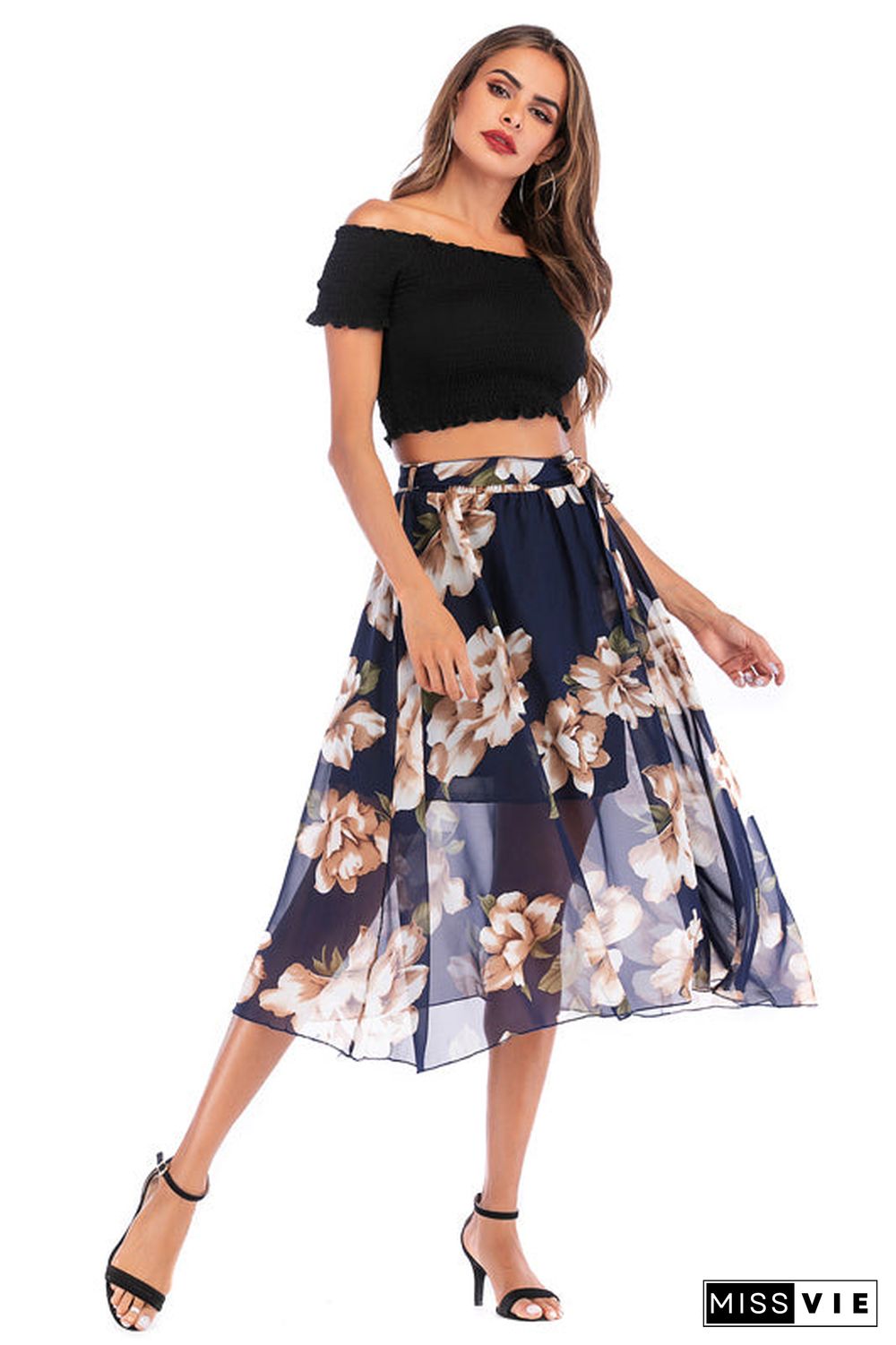 Elastic Waist Blue Floral Print Chiffon Skirt