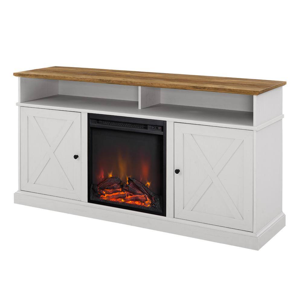 Welwick Designs 60 in. Reclaimed Barnwood and Brushed White Wood X Door TV Stand Fits TVs up to 65 in. with Electric Fireplace HD8758