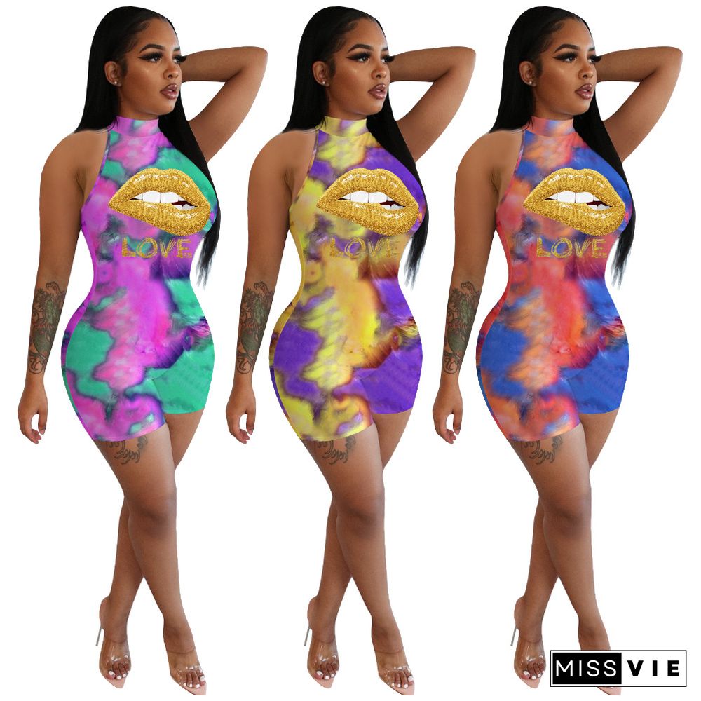 Women Sport Tie Dye Lips Print Sleeveless Bodycon Jumpsuit