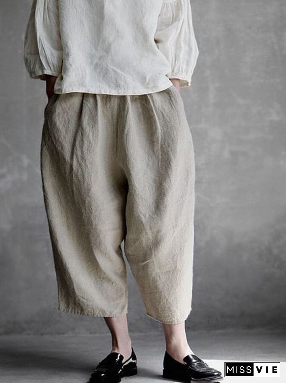 Women's Cotton Linen Comfortable Casual Simple Loose Ninth Wide Leg Pants