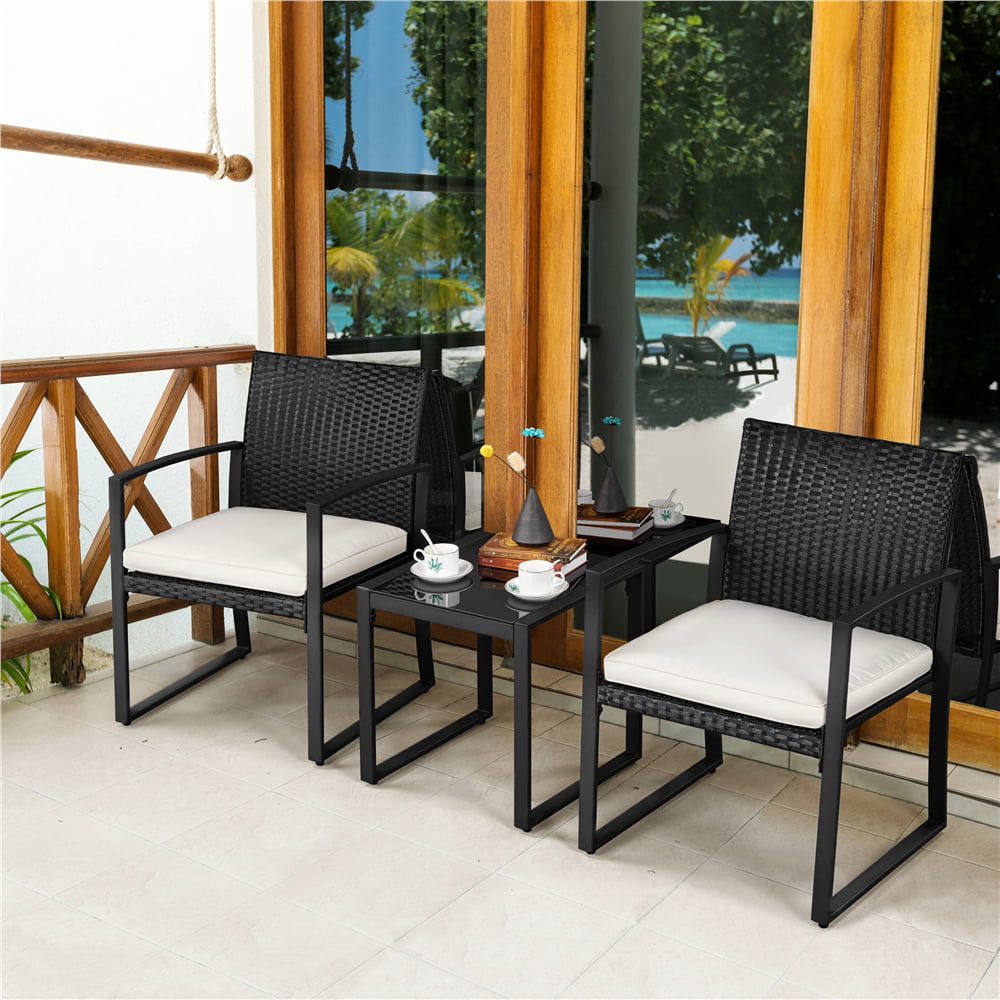 Yaheetech 3pcs Patio Bistro Set Wicker Conversation Set with Tempered Glass Tabletop Outdoor Furniture for Backyard， Balcony， Garden，Black