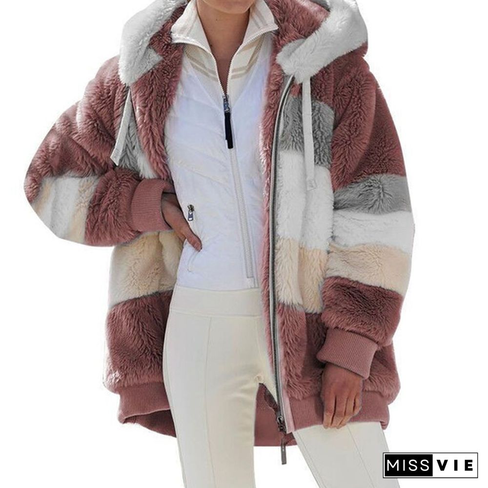 plus size women clothing,New Winter Women's Jacket Hooded Warm Plush Loose Jacket for Women Patchwork Winter Outerwear Faux Fur Zipper Ladies Parka Coat casacos de inverno feminino