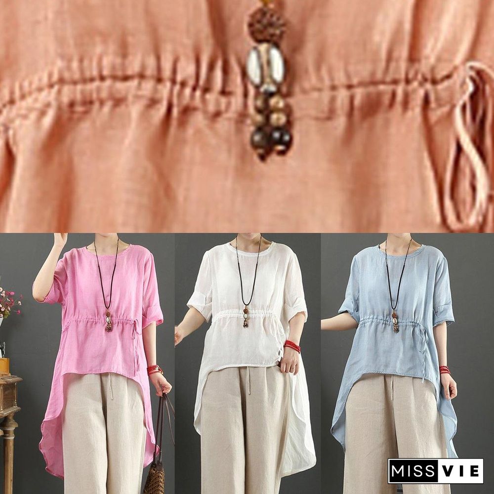 DIY light blue linen clothes o neck asymmetric box shirts