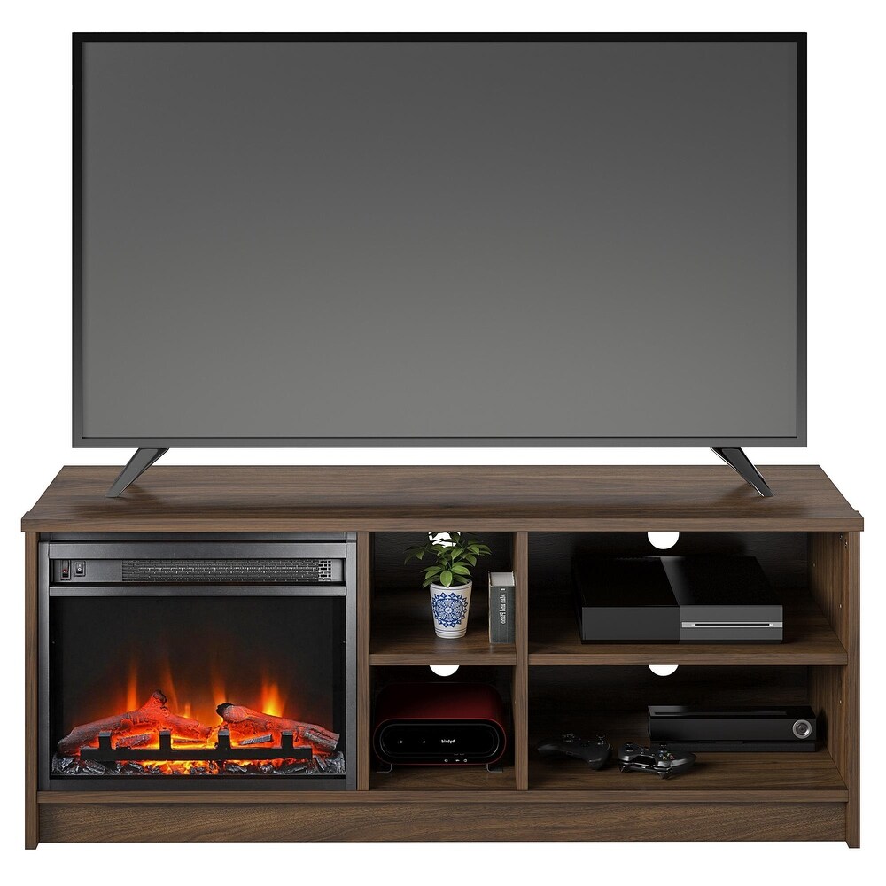 Ameriwood Home Nanton Asymmetrical 55 inch TV Stand with Electric Fireplace Insert and 4 Shelves