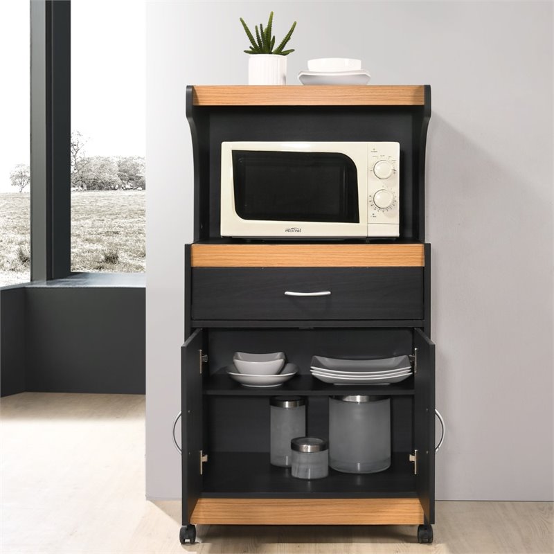 Pemberly Row Wood Microwave Kitchen Cart with Open Storage in Black Beech