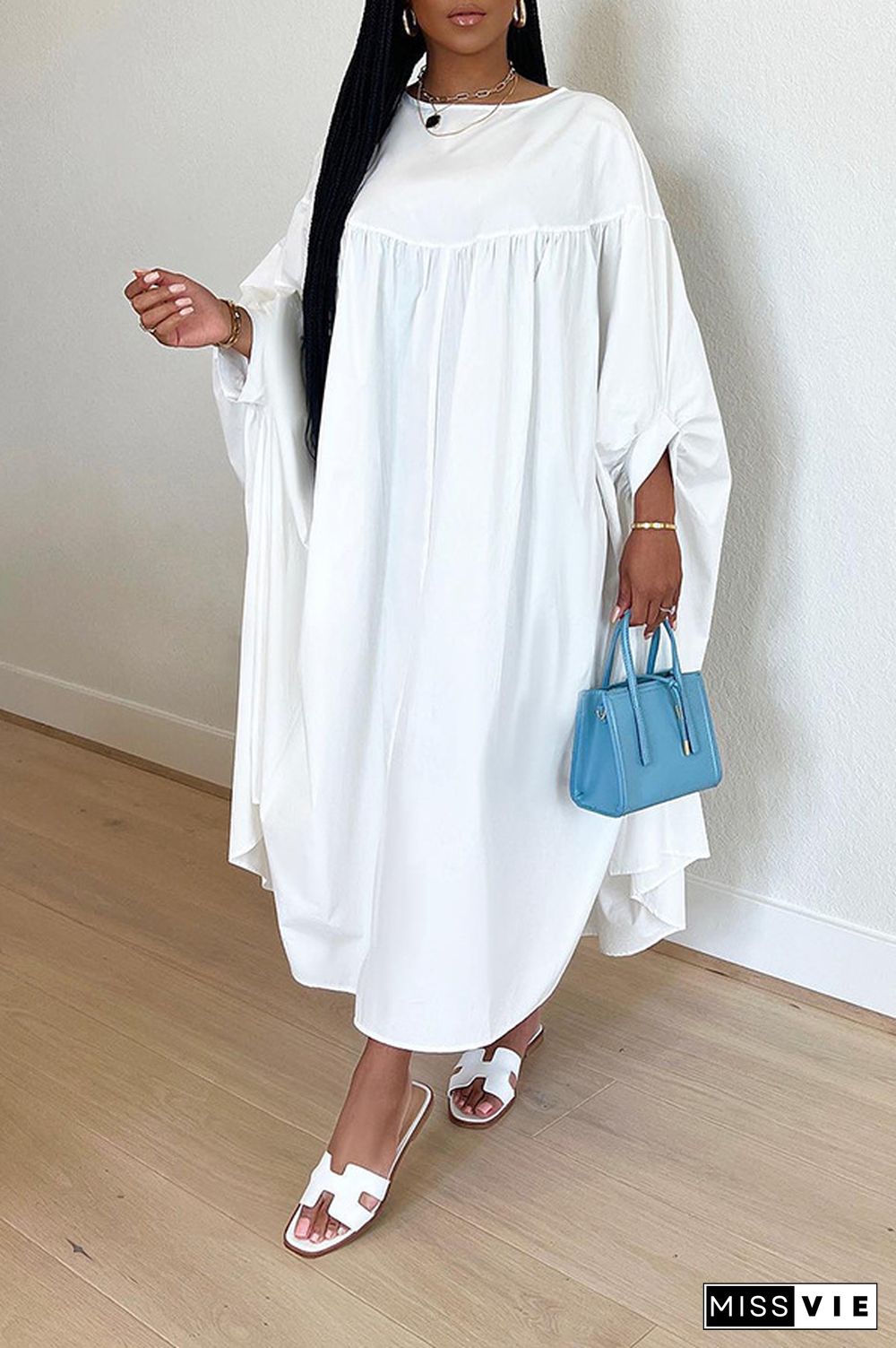 Loose Raglan Sleeves Irregular Pleated White Dresses