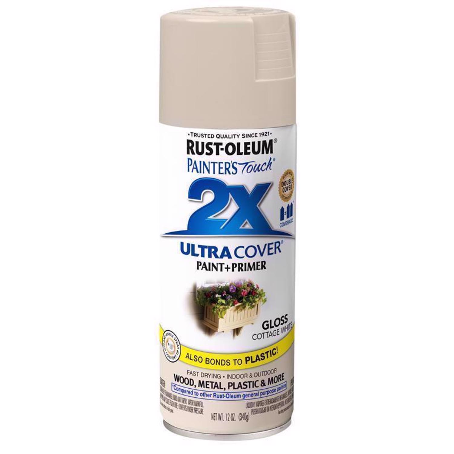 Rust-Oleum Painter\u0027s Touch Gloss Cottage White Paint+Primer Spray Paint 12 oz