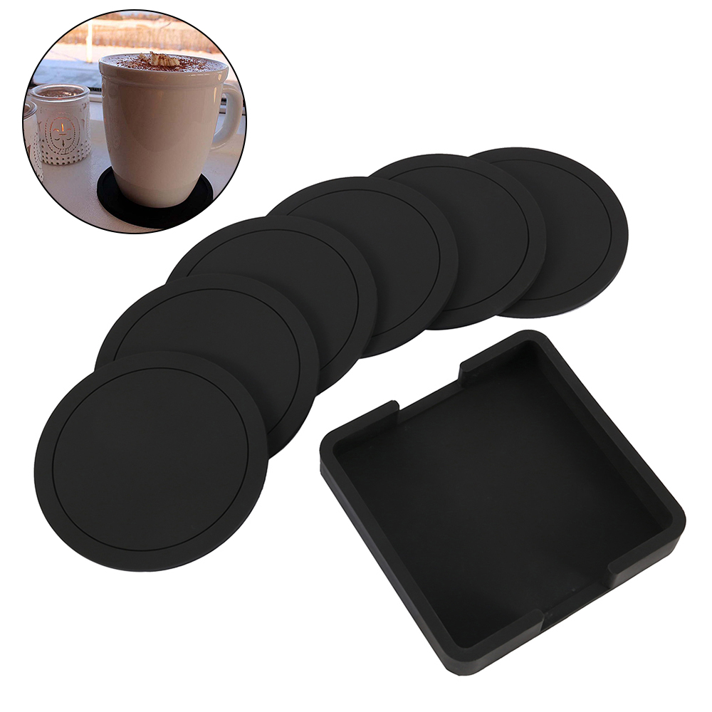 Everso 7Pcs Silicone Drink Coasters， Non-Slip Cup Coasters， Heat Resistant Cup Mate， Soft Coaster for Tabletope Protection， Furniture from Damage (Black)