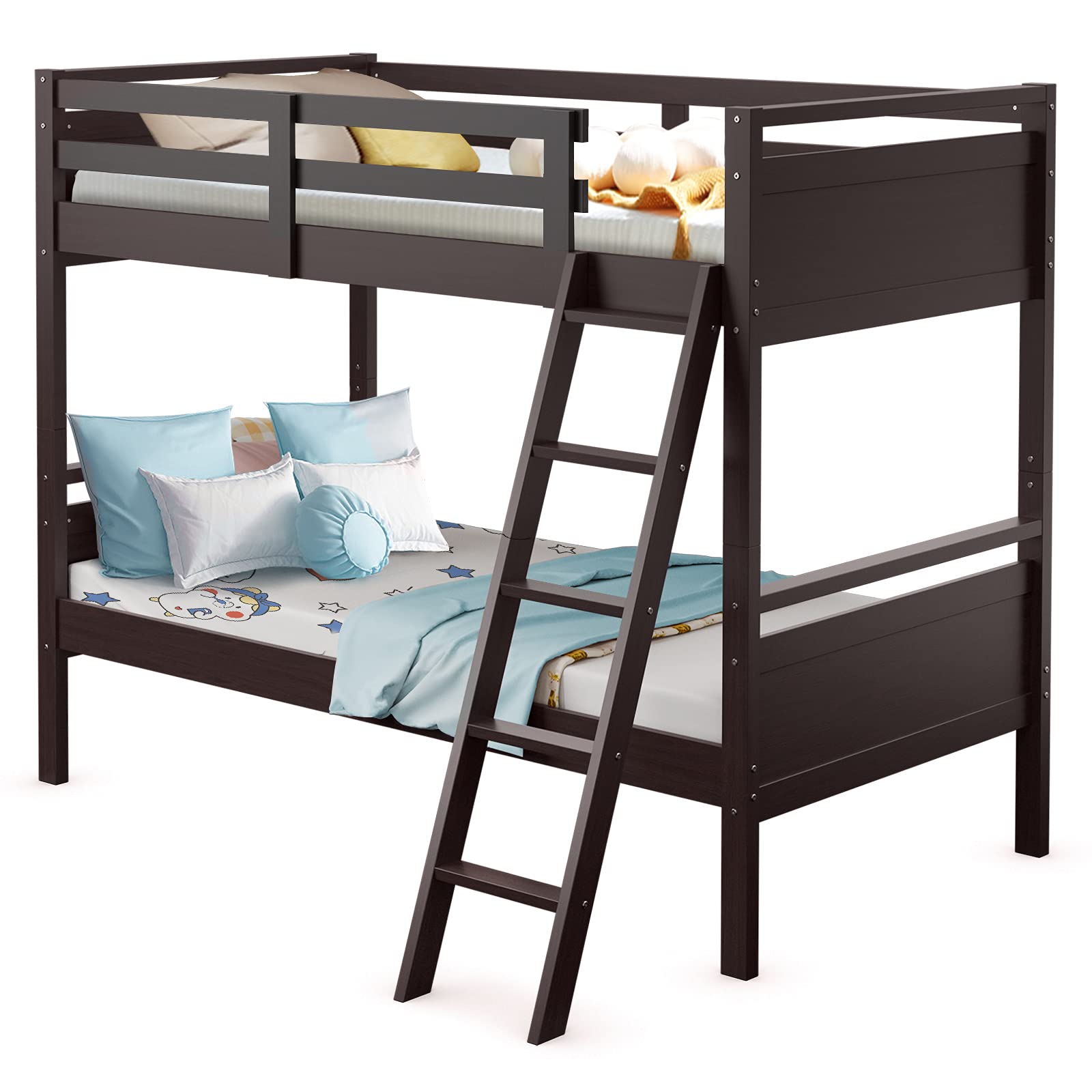 Costzon Twin-Over-Twin Wood Bunk Bed, 2-in-1 Convertible Space-Saving Bunk Bed for Bedroom Dorm Guest Room