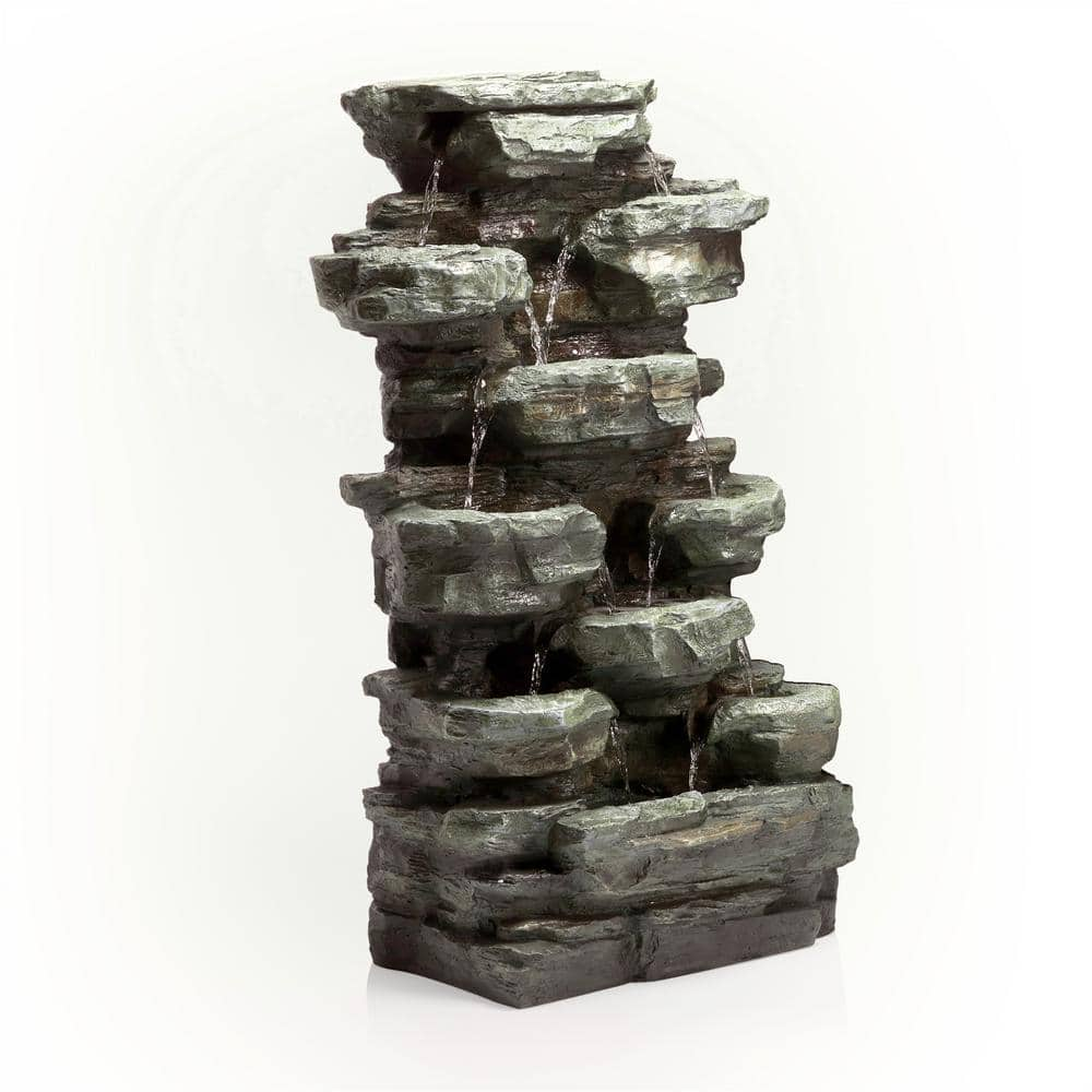 Alpine Corporation 39 in. Tall Outdoor Multi-Tier Rock Water Fountain with LED Lights WIN930