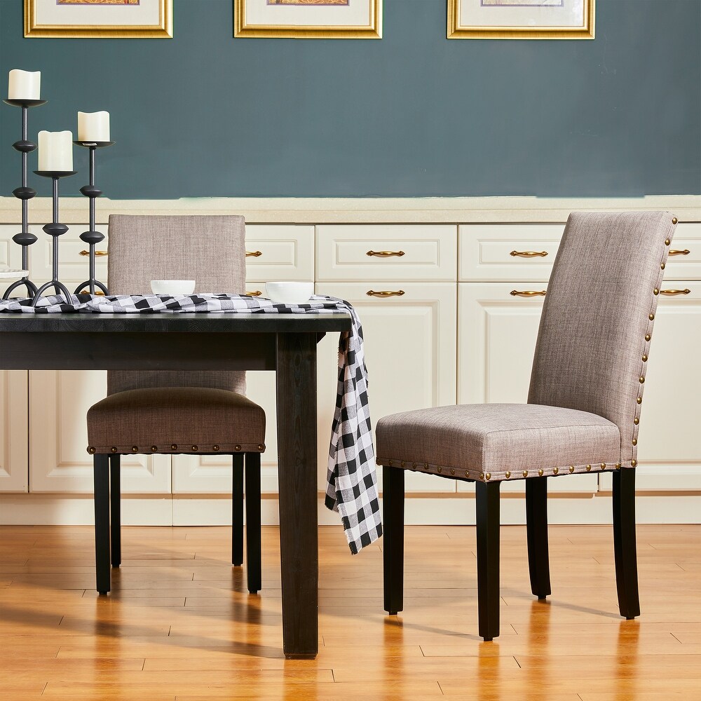 Glitzhome 38''H Set of 2 High Back Linen Fabric Studded Dining Chairs with Footpads