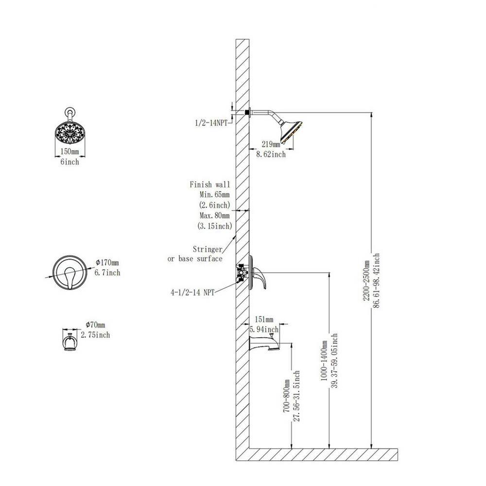 GIVING TREE Single-Handle 6-Spray Fixed Tub and Shower Faucet in Matte Black (Valve Included) HDYN-ZG0073