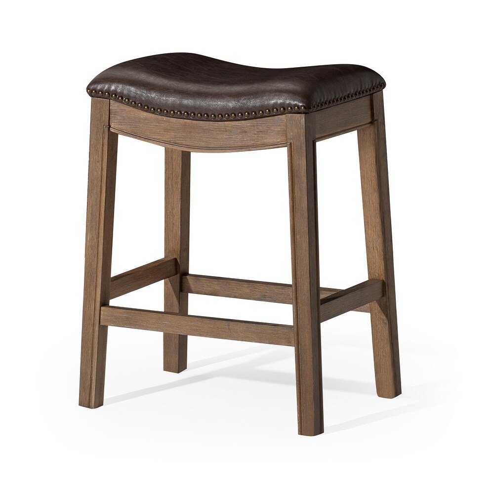 Maven Lane Adrien Saddle Counter Stool in Walnut Finish w/ Marksman Saddle Vegan Leather   Brown   Counter   26\