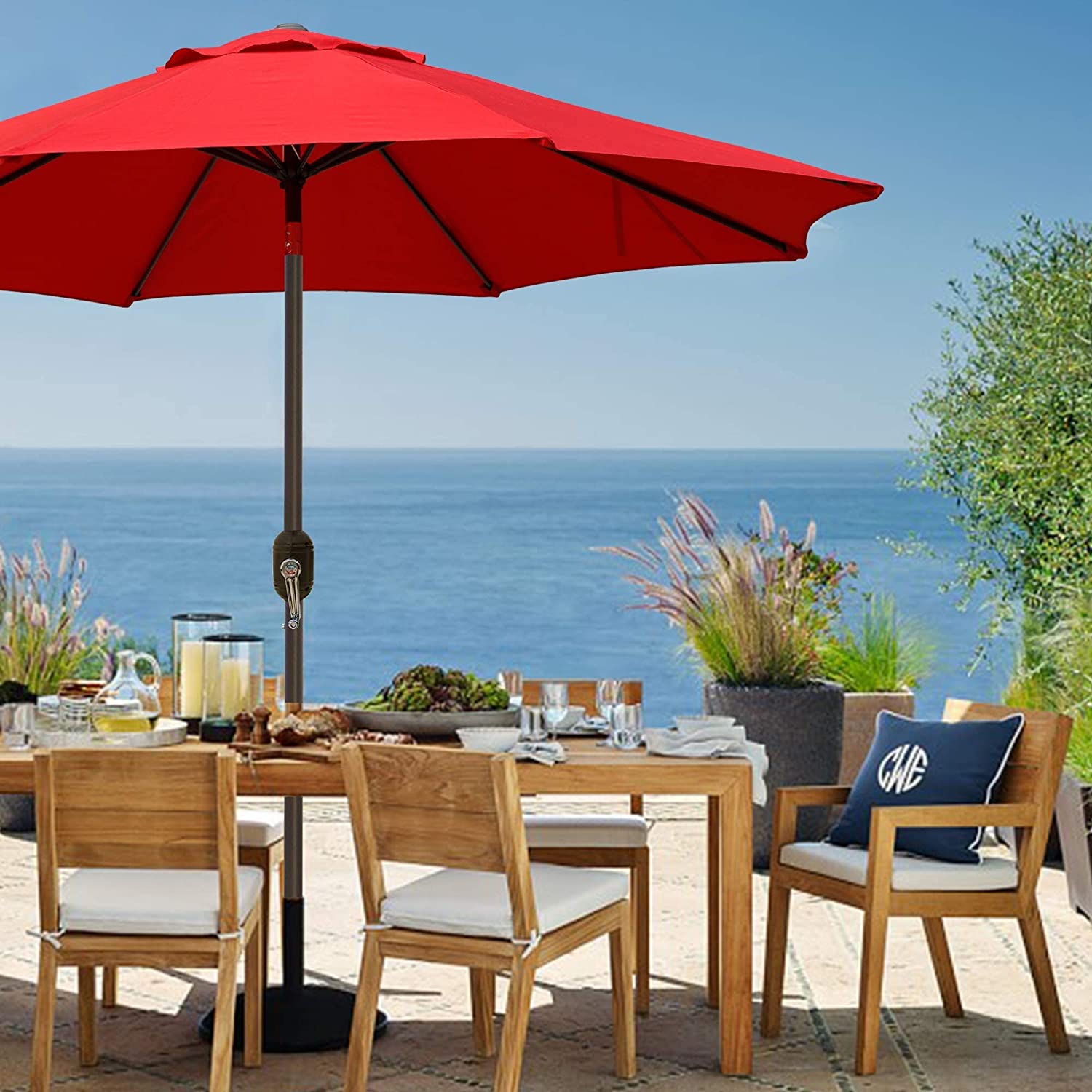 9' Outdoor Market Patio Umbrella with Push Button Tilt and Crank, 8 Ribs (Tan)